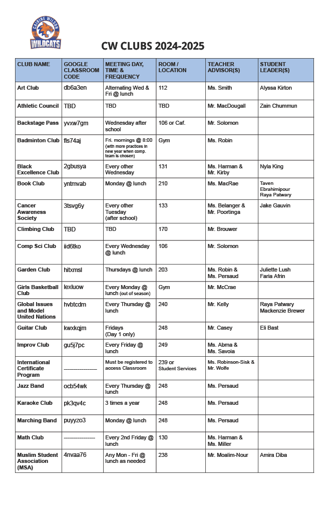 image of the CW Clubs schedule for 2024-25